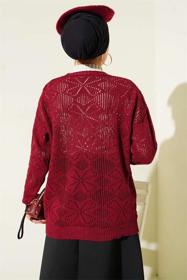 Flower Patterned Buttoned Knit Cardigan, Burgundy