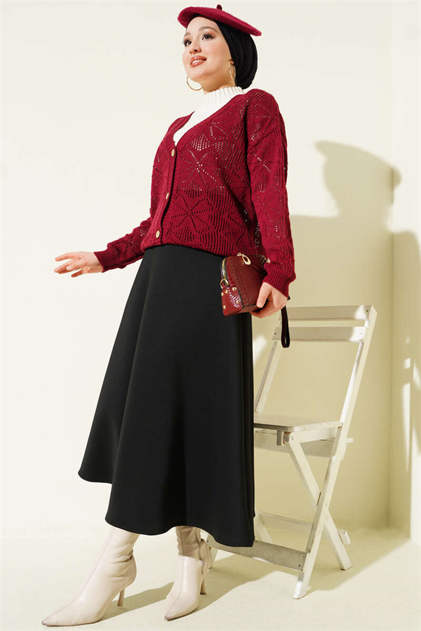 Flower Patterned Buttoned Knit Cardigan, Burgundy