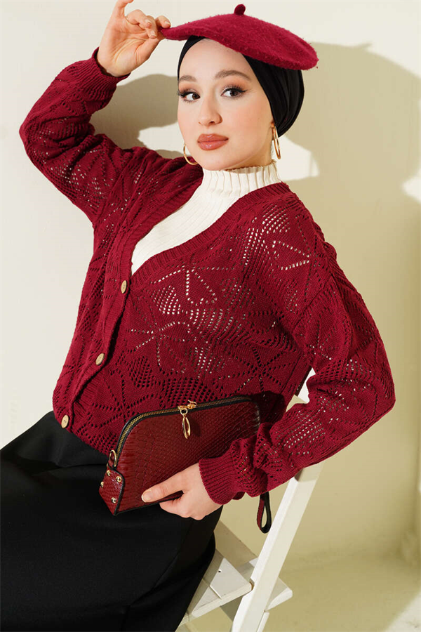Flower Patterned Buttoned Knit Cardigan, Burgundy