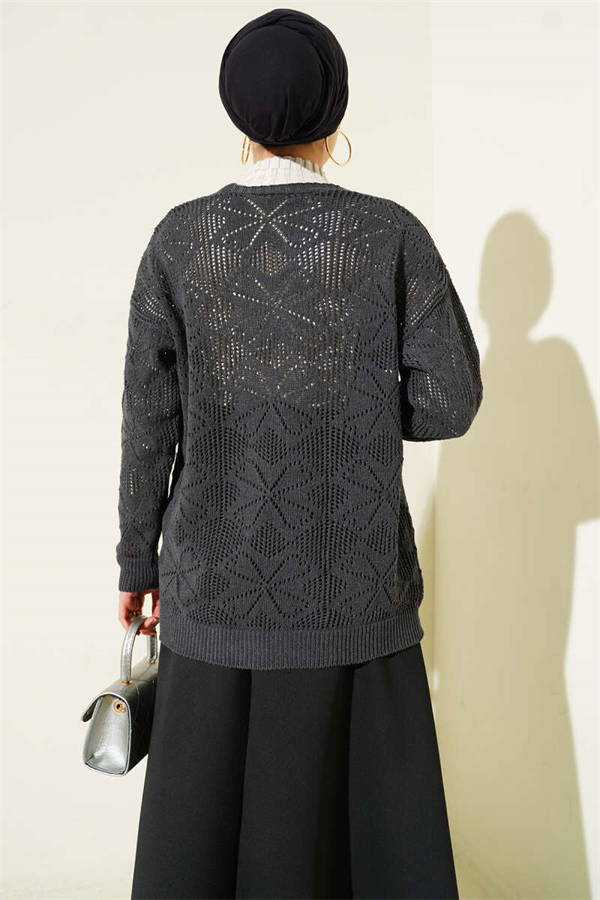 Floral Knit Buttoned Cardigan, Dark Gray