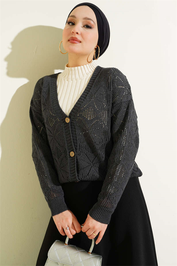 Floral Knit Buttoned Cardigan, Dark Gray