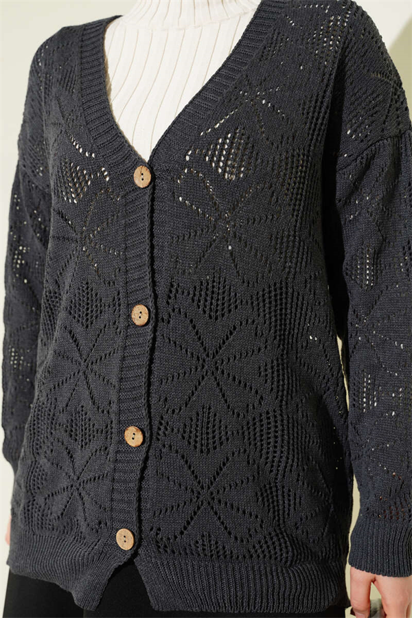 Floral Knit Buttoned Cardigan, Dark Gray