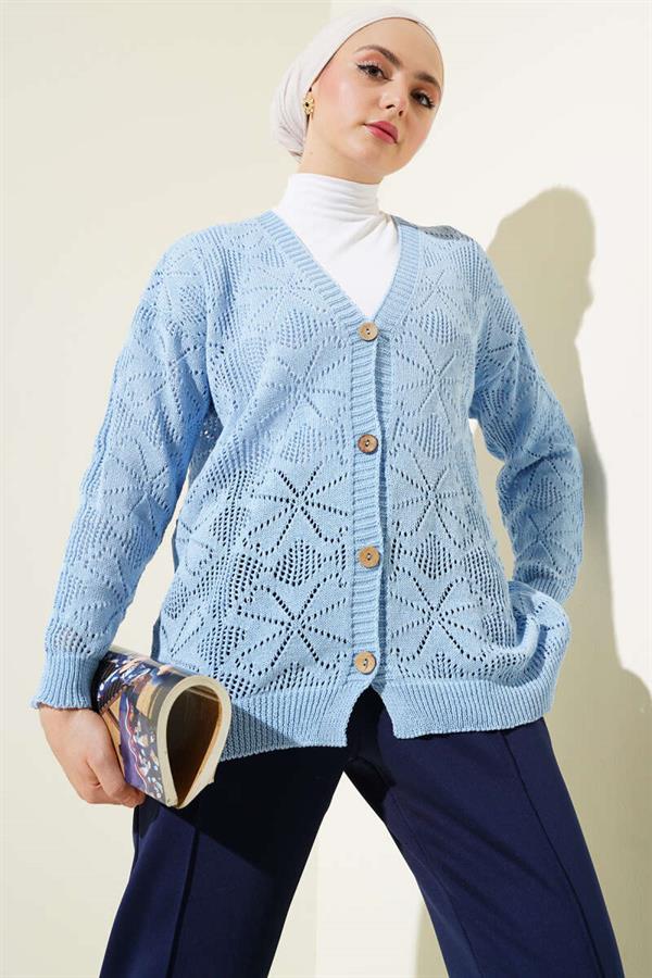 Floral Knit Buttoned Cardigan Blue