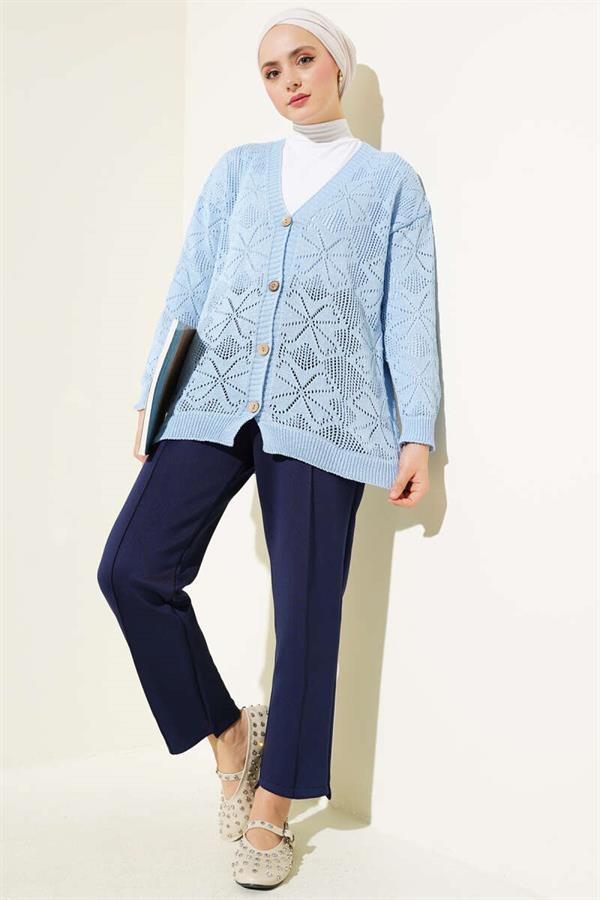 Floral Knit Buttoned Cardigan Blue