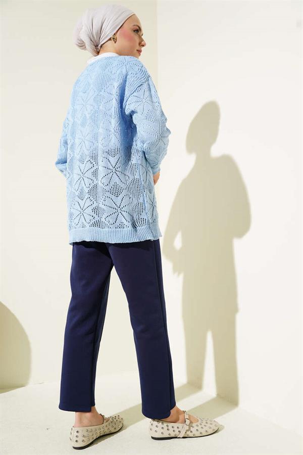 Floral Knit Buttoned Cardigan Blue