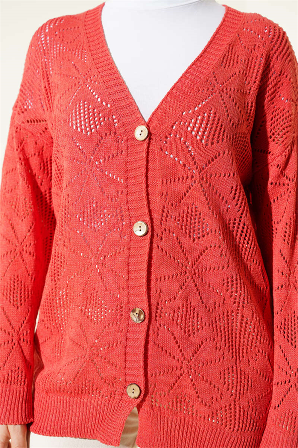 Floral Knit Buttoned Cardigan Coral