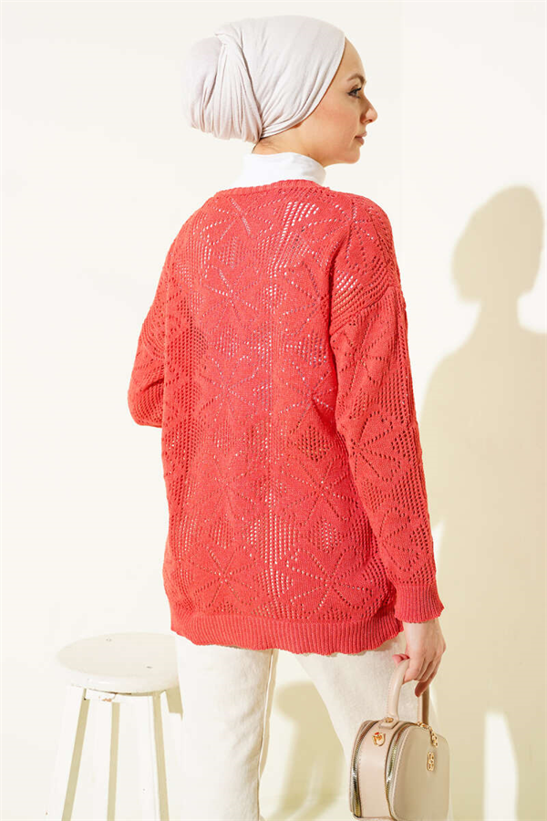 Floral Knit Buttoned Cardigan Coral