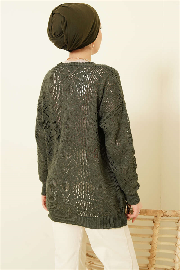 Floral Knit Buttoned Cardigan, Dark Green