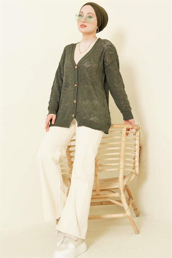 Floral Knit Buttoned Cardigan, Dark Green