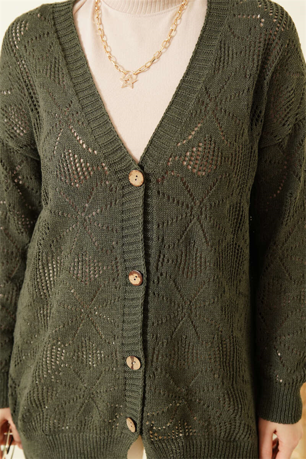 Floral Knit Buttoned Cardigan, Dark Green