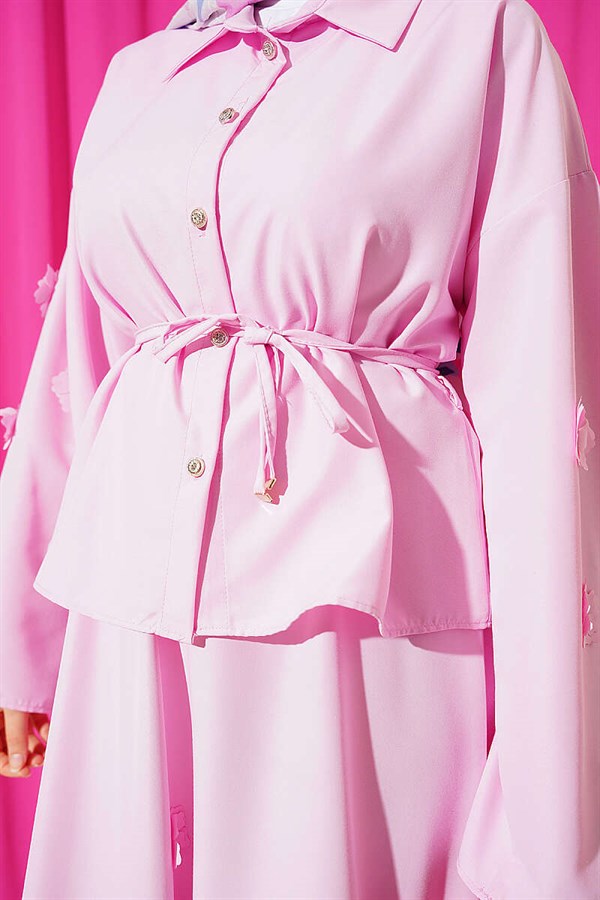 Pink 2 Piece Set with Floral Embellishments and Lace-Up Skirt
