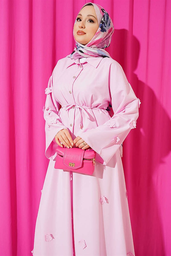 Pink 2 Piece Set with Floral Embellishments and Lace-Up Skirt