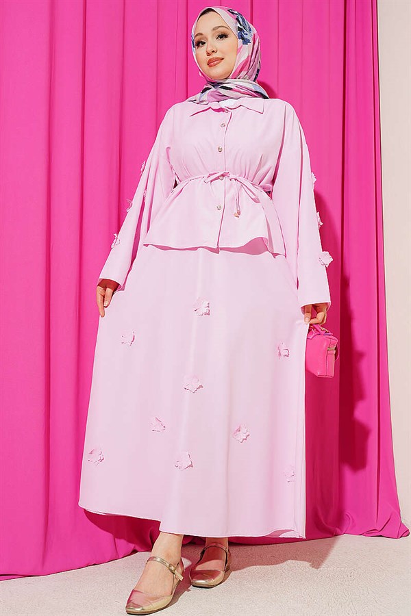 Pink 2 Piece Set with Floral Embellishments and Lace-Up Skirt