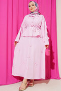 Pink 2 Piece Set with Floral Embellishments and Lace-Up Skirt