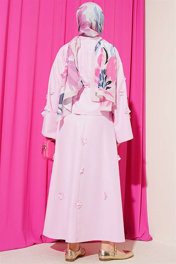Pink 2 Piece Set with Floral Embellishments and Lace-Up Skirt