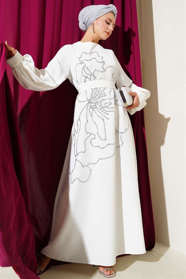 Flower and Stone Embellished Evening Dress White