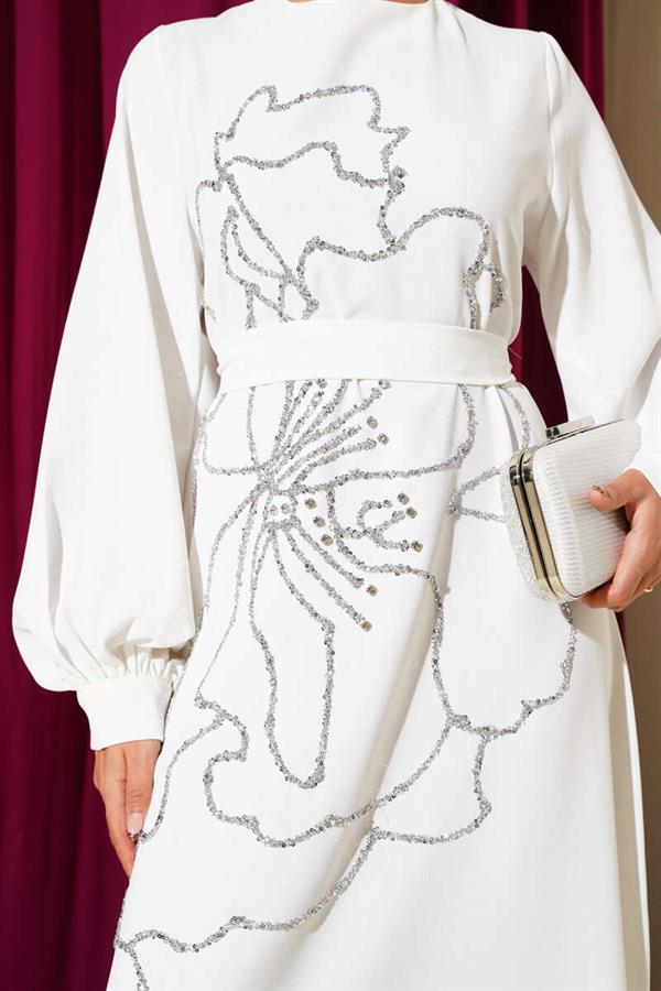 Flower and Stone Embellished Evening Dress White