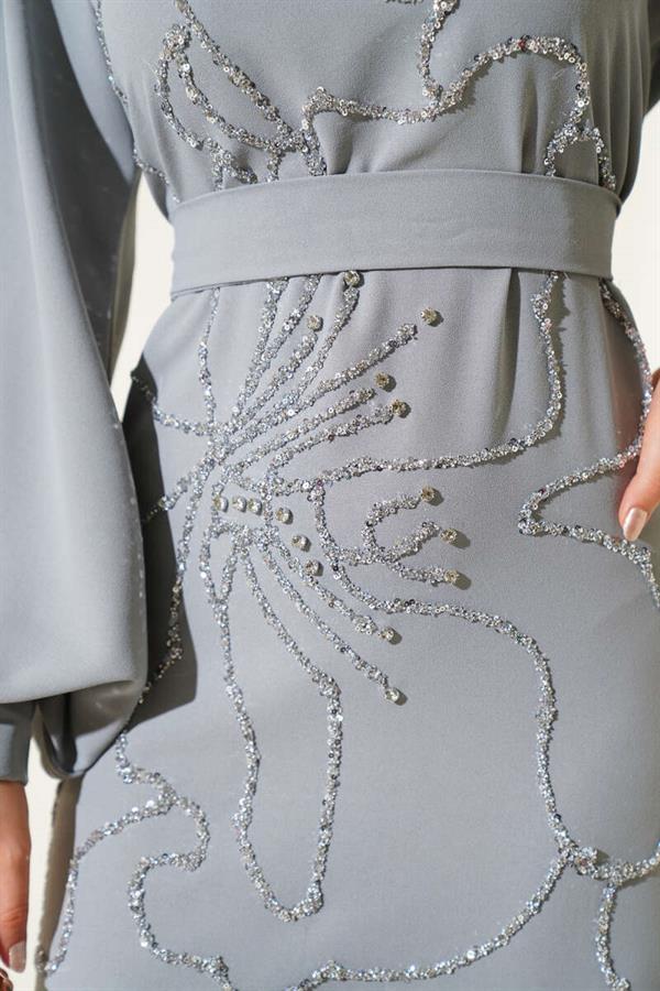 Flower and Stone Embellished Evening Dress Gray