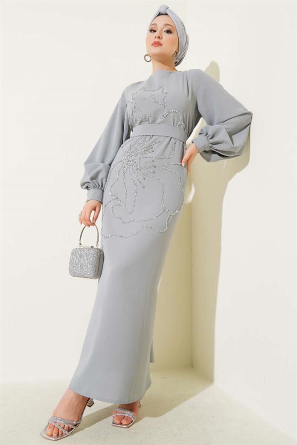 Flower and Stone Embellished Evening Dress Gray