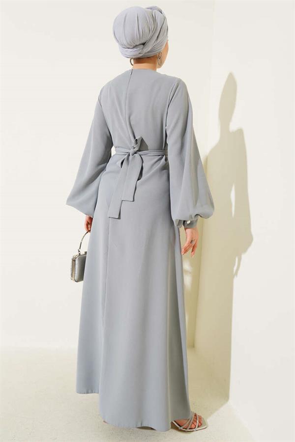 Flower and Stone Embellished Evening Dress Gray