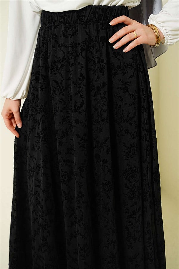 Floral Tulle Flared Skirt Black