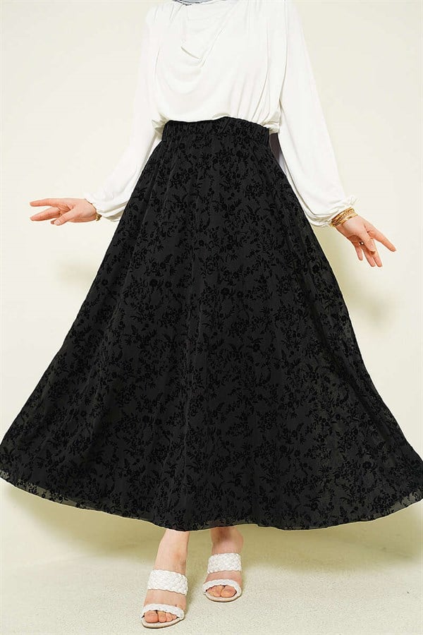 Floral Tulle Flared Skirt Black