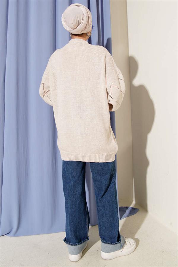 Floral Diamond Patterned Knit Cardigan Beige