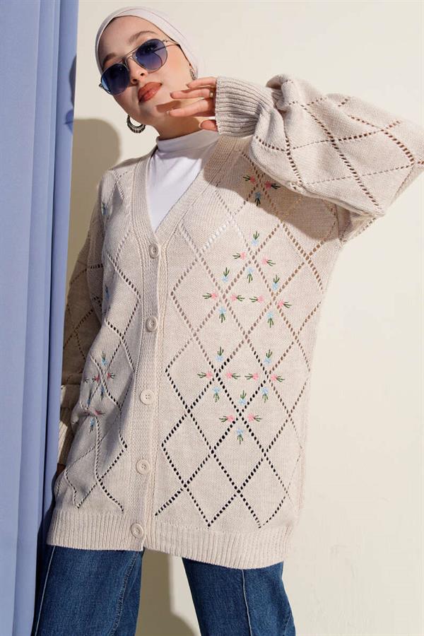 Floral Diamond Patterned Knit Cardigan Beige