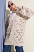 Floral Diamond Patterned Knit Cardigan Beige