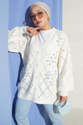 Floral Diamond Patterned Knit Cardigan in Ecru
