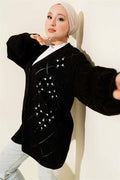 Floral Diamond Patterned Knitwear Cardigan Black