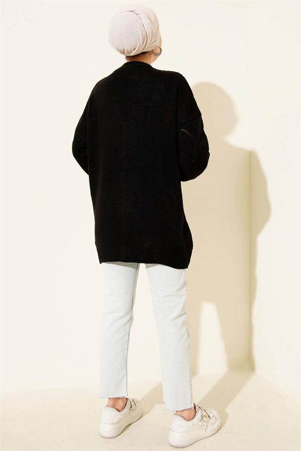 Floral Diamond Patterned Knitwear Cardigan Black