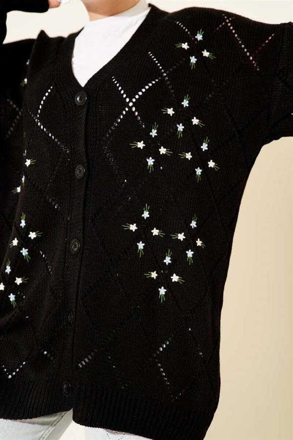 Floral Diamond Patterned Knitwear Cardigan Black