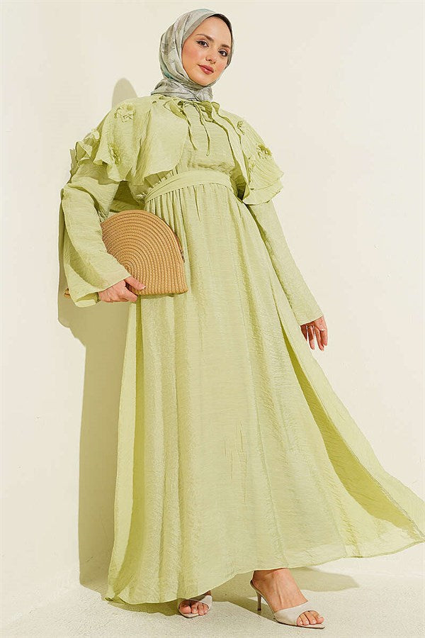 Floral Peter Pan Collar Belted Dress in Light Green