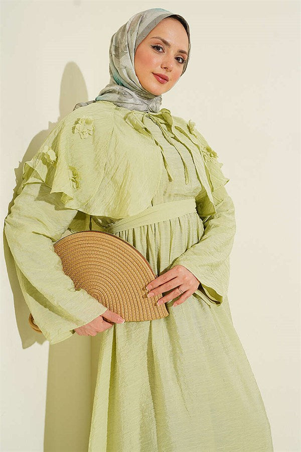 Floral Peter Pan Collar Belted Dress in Light Green