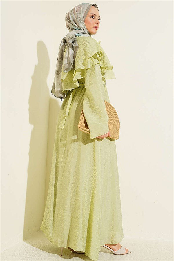 Floral Peter Pan Collar Belted Dress in Light Green