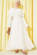 Floral Peter Pan Collar Belted Dress, Ecru