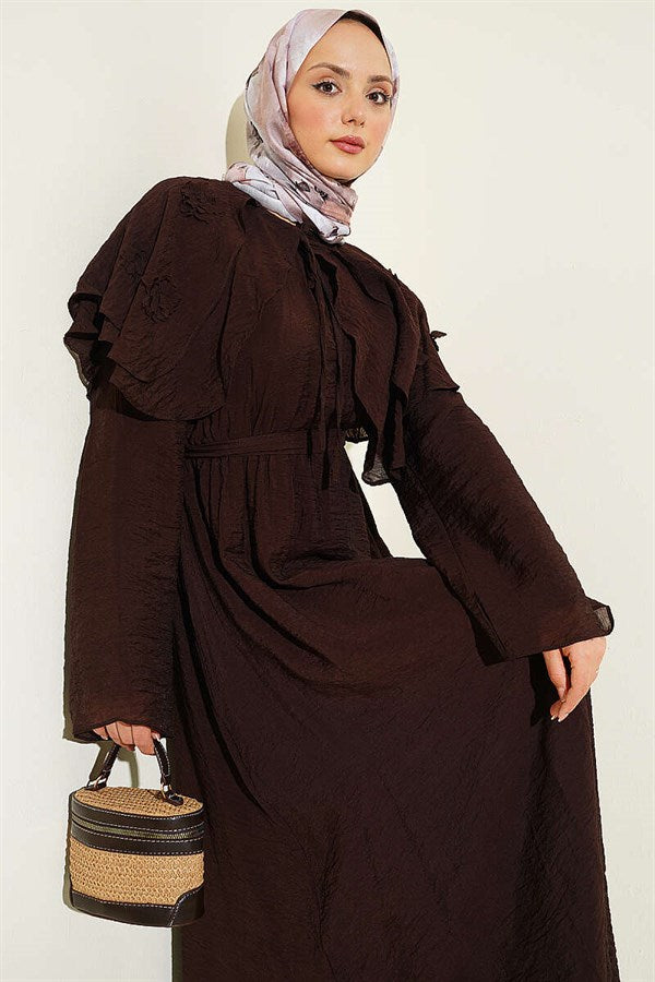 Floral Peter Pan Collar Belted Dress, Coffee