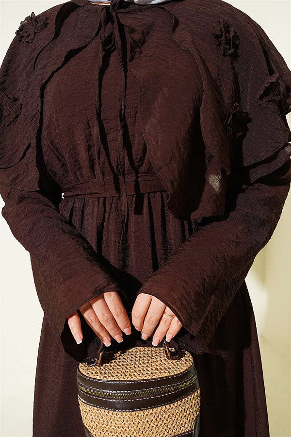 Floral Peter Pan Collar Belted Dress, Coffee
