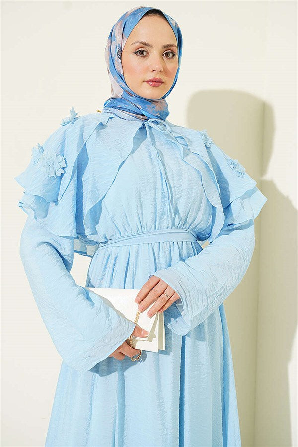 Floral Peter Pan Collar Belted Dress Blue