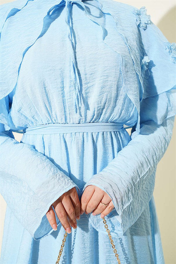 Floral Peter Pan Collar Belted Dress Blue