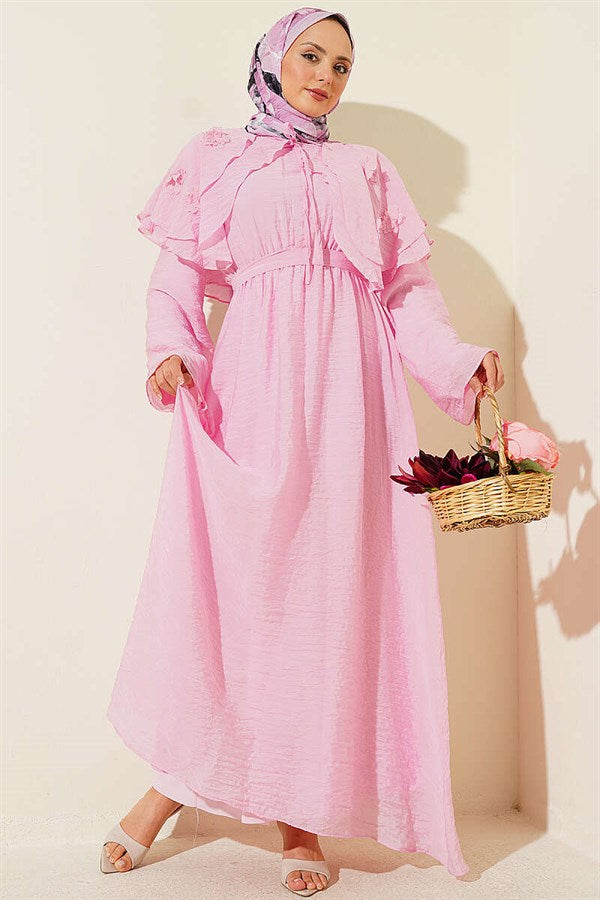 Pink Floral Peter Pan Collar Belted Dress