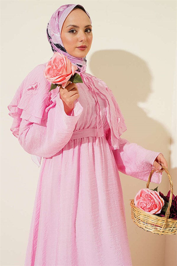 Pink Floral Peter Pan Collar Belted Dress
