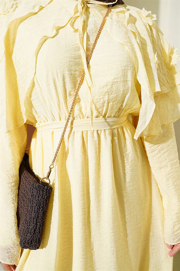 Yellow Floral Peter Pan Collar Belted Dress