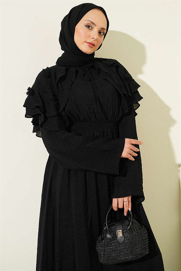 Black Floral Peter Pan Collar Belted Dress