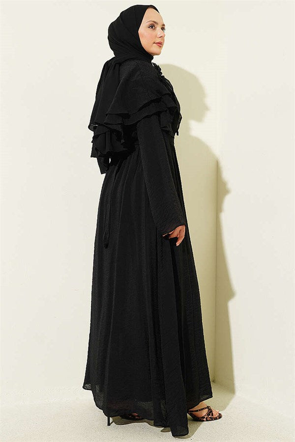 Black Floral Peter Pan Collar Belted Dress