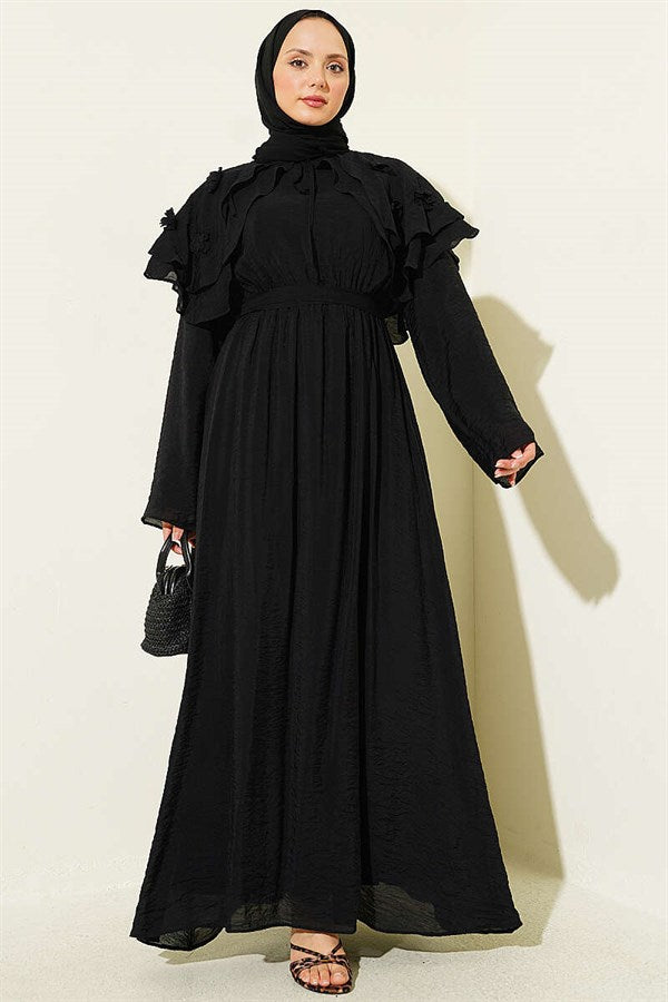 Black Floral Peter Pan Collar Belted Dress