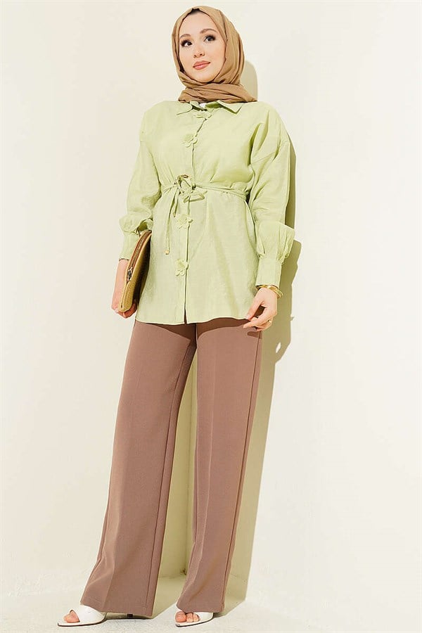 Floral Shirt with Gold Buckle and Drawstring Belt, Light Green