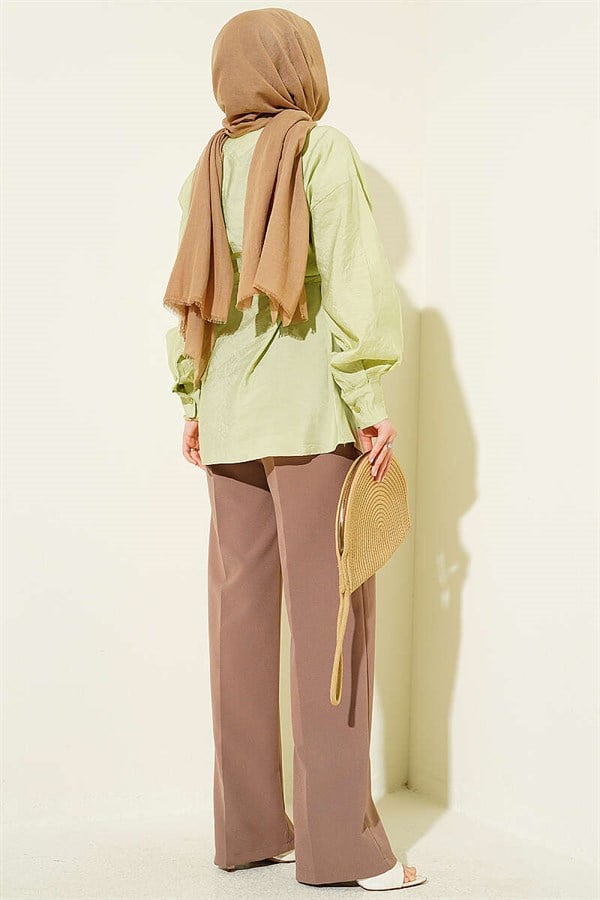Floral Shirt with Gold Buckle and Drawstring Belt, Light Green