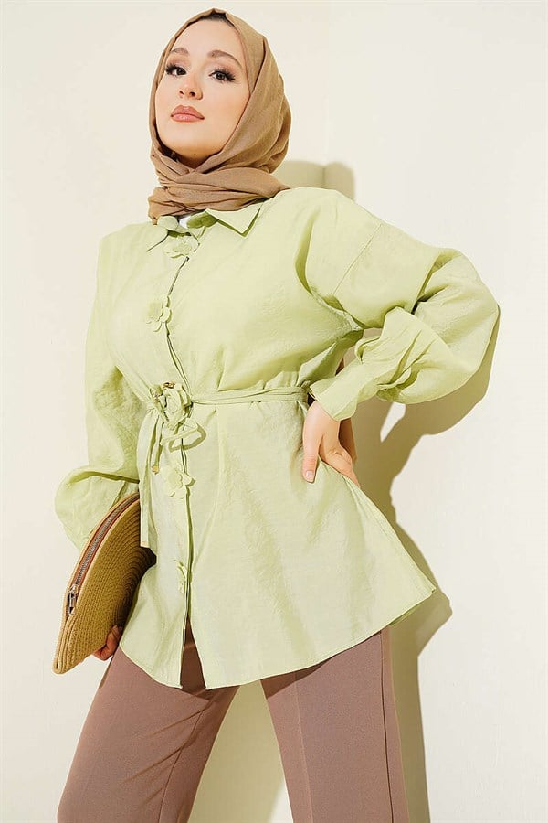 Floral Shirt with Gold Buckle and Drawstring Belt, Light Green